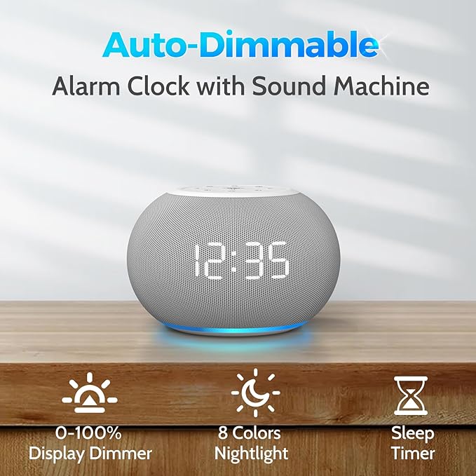 Reacher Auto-Dimmable Sound Machine Alarm Clock with Night Light, 20 Soothing Sounds, LED Digital Display, Sleep Timer, Precise Volume Control, White Noise Soother for Baby, Adults, Bedrooms