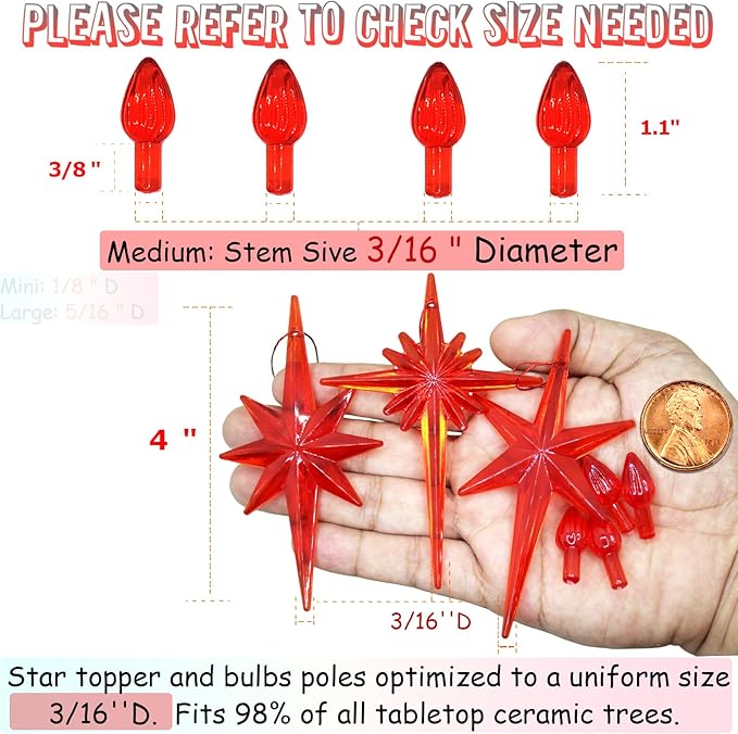 Ceramic Christmas Tree Replacement Lights Bulbs, Red Medium Twist Plastics Pegs Ornaments for Ceramic Tree(87 Bulbs＆ 3 Topper Star)