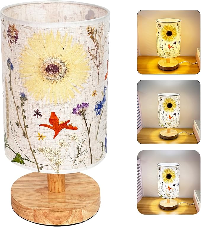 Dried Flowers Table Lamp,5w Led 3-Color Pressed Floral Beside Lamp,Cute Vintage Linen Shade Desk Lamp for Bedroom Office with Wood Base