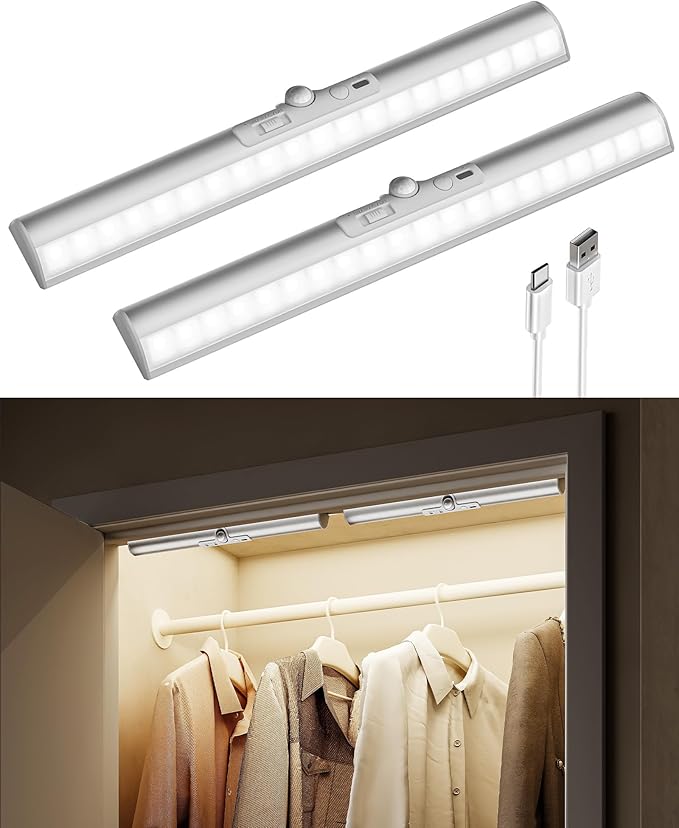 EZVALO Motion Sensor Closet Lights, 2 Pack Rechargeable LED Lights with Rotatable Sensor, Glare-Free, 3 Color Temps & Dimmable, Magnetic Under Cabinet Lighting for Closet, Pantry