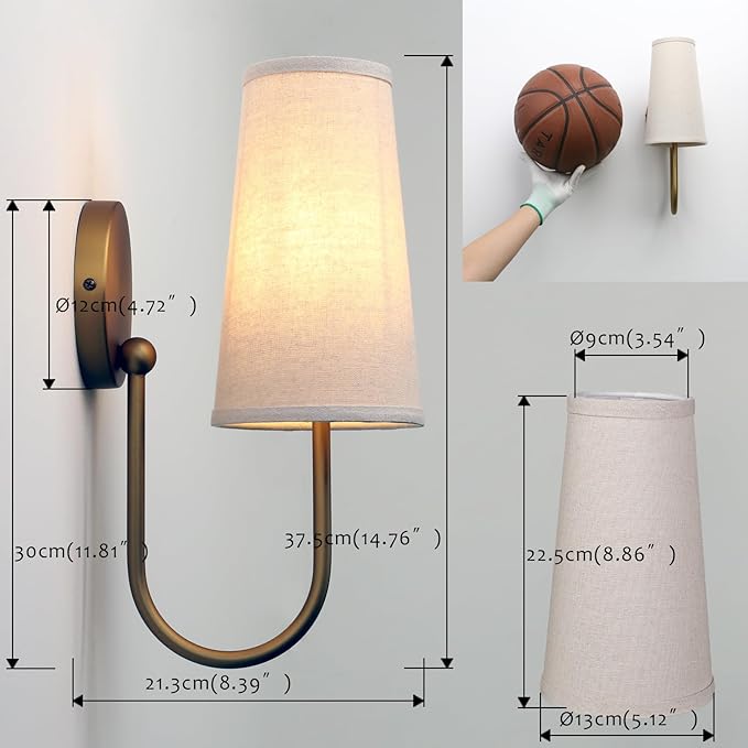 Pathson Set of 2 Linen Fabric Wall Sconces, Hardwired Curved Arm Bathroom Vanity Light with Cone Cloth Shade, Brass Indoor Wall Decor Lamp for Living Room, Kitchen, Bedroom, Foyer