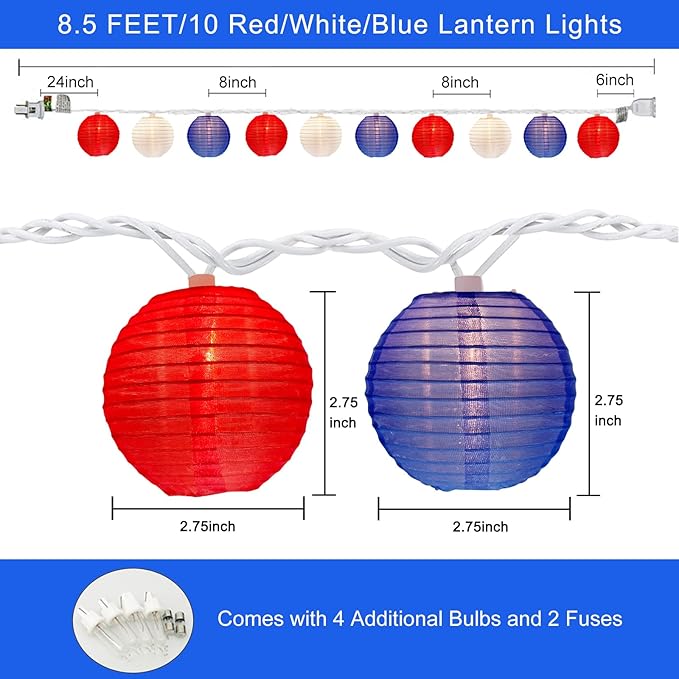 SUNSGNE Red White Blue Lantern String Lights 8.5Ft, Multicolor Lantern Decoration Lights with 10 Red White and Blue Lanterns for Patio Backyard Garden Memorial Day Presidents Day Decor