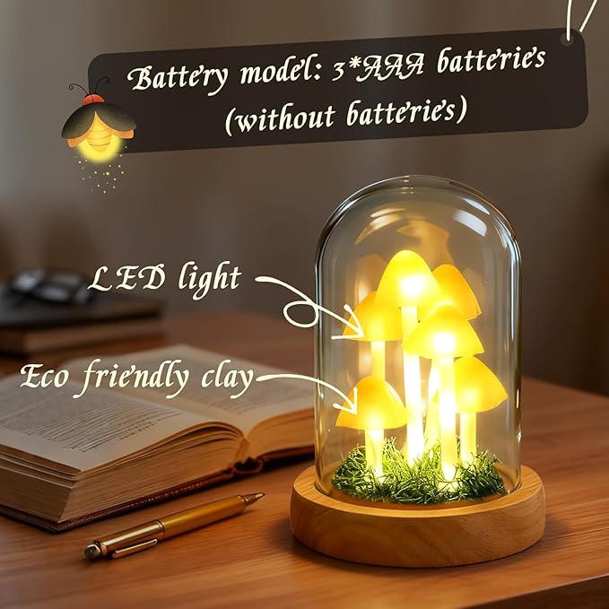 Decorative Mushroom Lamp with Glass Dome, Warm LED Night Light for Bedroom & Living Room, Unique Mushroom Gifts for Women, Christmas & Birthday Decor