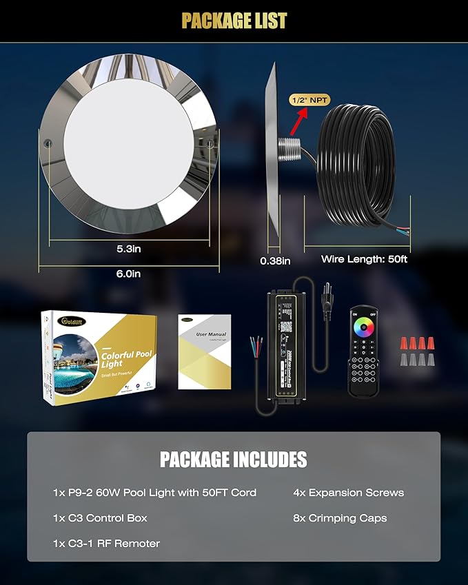 Goldlife P9 6Inch Pool Light with RGB Controllers Kit, 50ft Cord 60W 6000LM LED Underwater Pool Lights for Inground Pools, PC Corrosion-Resistant Swimming Pool Light Fixture