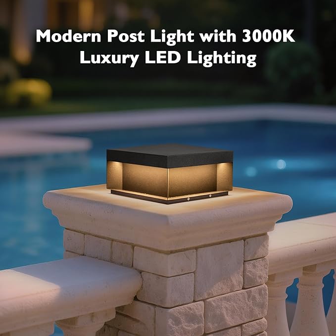 Outdoor Post Light, 11.81" Squre Pillar Post Lights Wired Modern Fence Deck Posts Lamp Waterproof Outside 3000K Warm LED Lantern for Flat Surface Patio Garden Decoration
