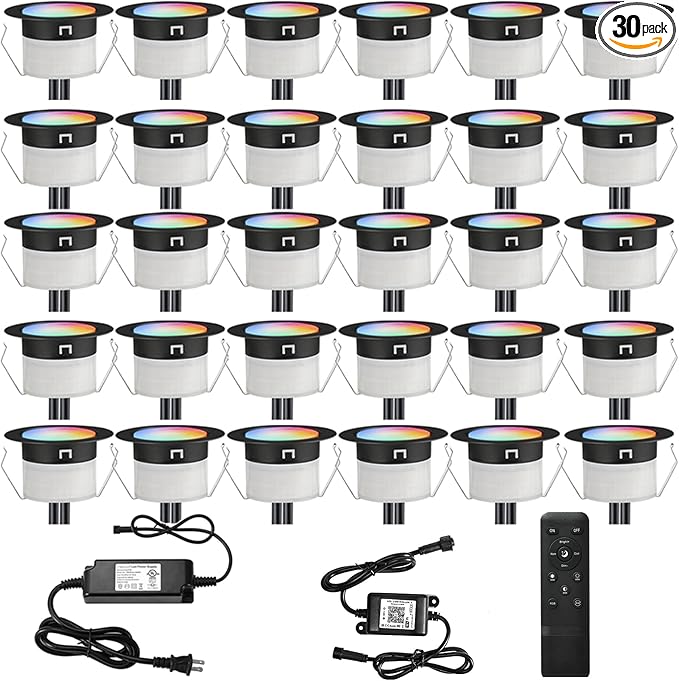 FVTLED LED Deck Lights Kit, 30pcs Φ1.22 WiFi Smart Phone Control Low Voltage Recessed RGBW Deck Lighting Waterproof Outdoor Yard Path Stair Decor, Black