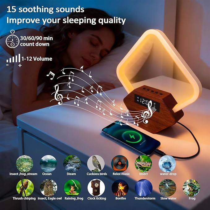 Sunrise Alarm Clock for Bedrooms Heavy Sleepers 15 Sleep Sounds White Noise Machine Baby/Adults 3 Color Table Lamp 10 Ringtones with PD22.5W USB C Fast Charger Birthday Gifts for Women