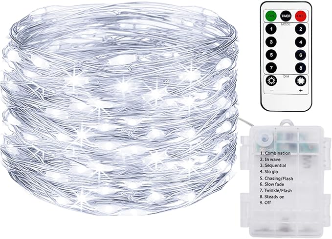 33FT 100LED Fairy String Lights Battery Operated with Remote and Timer, IP65 Waterproof Dimmable Copper Sliver Wire 8 Modes Twinkle Lighting for Indoor Outdoor Bedroom Christmas Decor-Cool White
