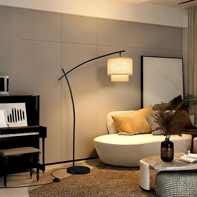 Lightdot Arc Floor Lamp for Living Room, Modern Standing Tall Lamps with Double Linen Shade, Tall Hanging Pole Lamp with Stable Base & Bulb Included for Bedroom/Sofa Beside/Corner Decor-Black