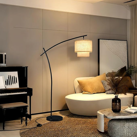 Lightdot Arc Floor Lamp for Living Room, Modern Standing Tall Lamps with Double Linen Shade, Tall Hanging Pole Lamp with Stable Base & Bulb Included for Bedroom/Sofa Beside/Corner Decor-Black