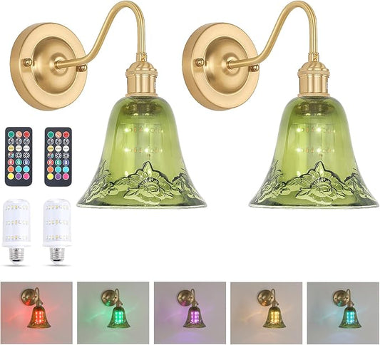 Battery Operated Wall Sconce Set of 2, Vintage Rechargeable Wall Lights with Green Morning Glory Glass Shade, Wireless Indoor Wall Lamp with Remote for Bedroom Living Room Bathroom