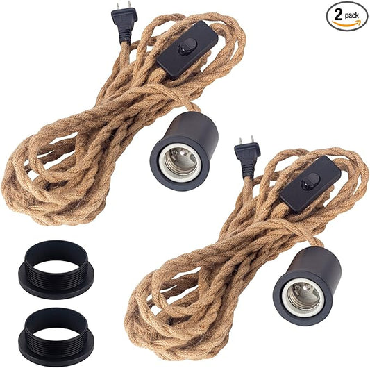 Pendant Light with Plug in Cord Hanging Vintage Hemp Rope Swag Lamp Kit Twisted Lantern Cords with Switch Replacement Industrial Farmhouse DIY Fixtures Porcelain Socket Set Black Holder 15ft 2Pack