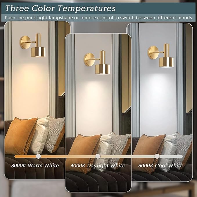Battery Operated Wall Lights Set of 2, Wireless Battery Powered Wall Sconce, Modern Metal Indoor Wall Lamp, Dimmable with Remote, Suitable for Living Room Bedroom Golden-Like Brass Finish