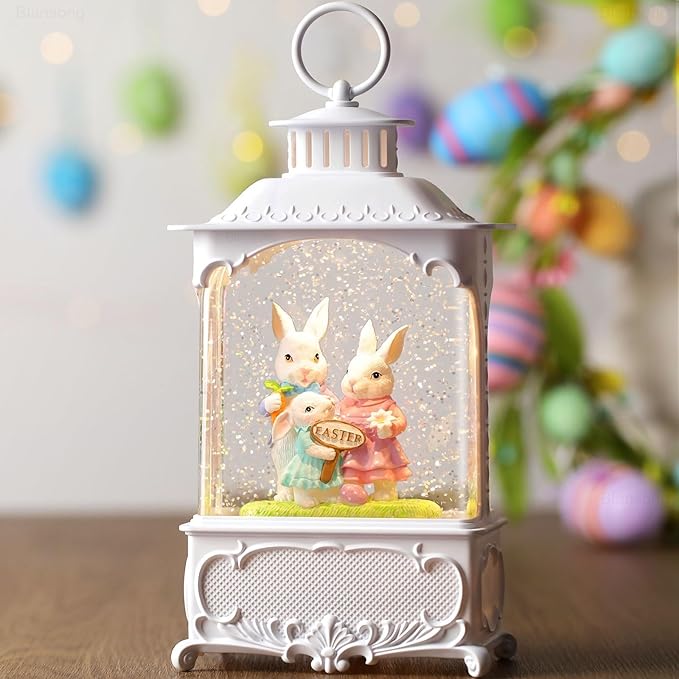 Easter Snow Globe Bunny Snow Globe Lantern with Timer, USB and Battery Powered Easter Decorations for Home Bunny Family 10.2 inch