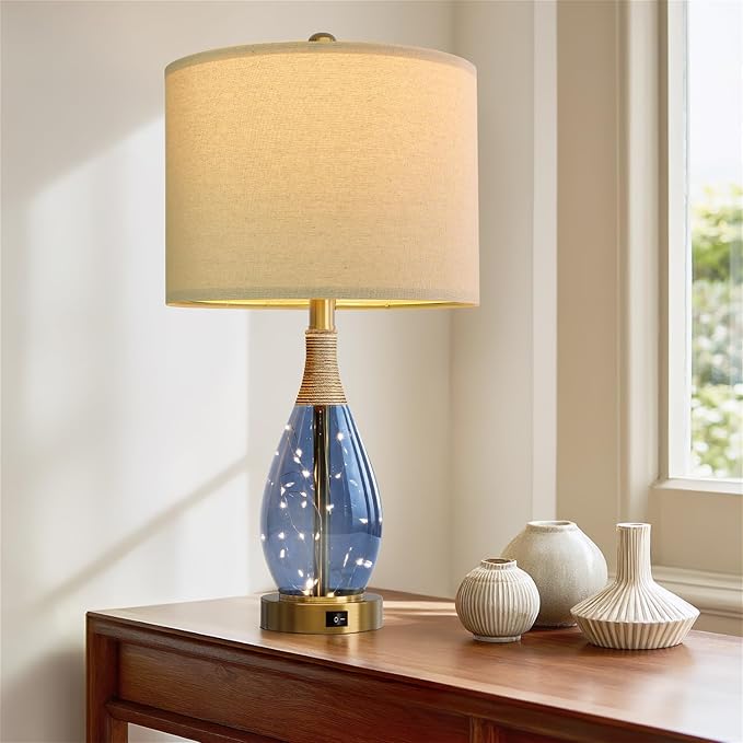 OYEARS 23" Table Lamps for Living Room Set of 2 Bedside Lamps for Night Stands Bedroom Lamps Farmhouse Rattan Boho Lamp Glass Nightlight End Table Lamp with USB C+A (Blue),Two Light Points