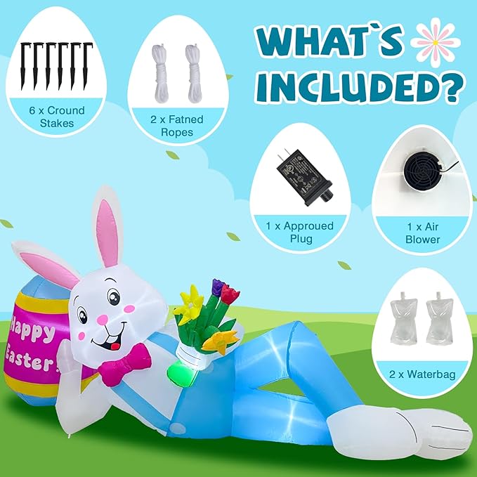 OurWarm 8FT Easter Inflatables Outdoor Decorations, Lying Inflatable Easter Bunny Decor with Egg, Easter Blow Up Yard Decorations with LED Lights, Easter Blow Ups for Outside Roof Lawn Yard Decor