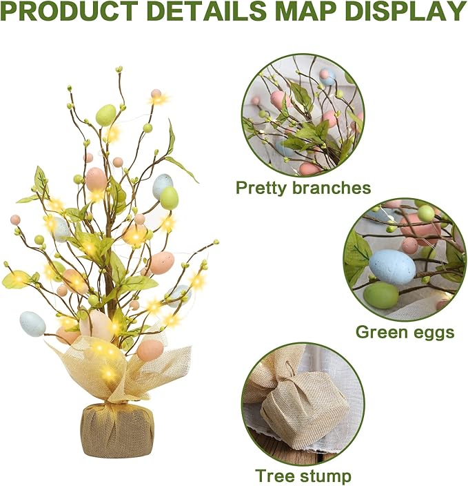 RoseCraft Easter Decorations, 18 Inch Pre-Lit Easter Egg Tree Tabletop Decor with Delicate Ornaments, for Home Party Wedding Holiday Spring Summer Decoration, Green/Pink/Blue.