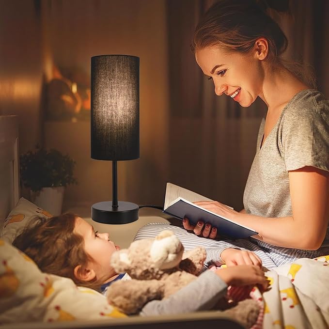 2 Pack Table Lamp for Bedroom, Bedside Lamps for Nightstand with Wire Switch, Minimalist Desk Lamps with Linen Fabric Shade for Kids Room Living Room Office Dorm, Bulb Included