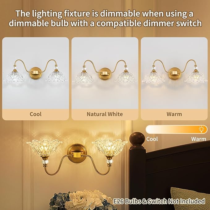 Vintage Bathroom Vanity Light, 2-Light Matte Brass Finish Vanity Light with Floral Clear Glass Shades, Retro Wall Sconce for Bathroom, Dressing Table
