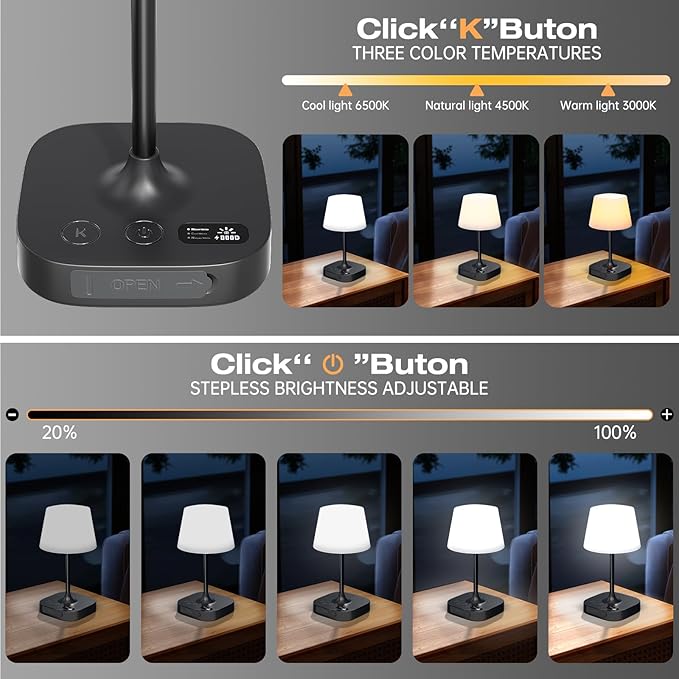 Lightbiz Outdoor Table Lamp, Shower Lamp with 8000mAh Cordless Rechargeable Battery, IP55 Waterproof, 3 Colors & 5 Brightness, Dimmable LED Display Bath Lamp for Camping,Bedroom,Patio,Bathroom(Black)