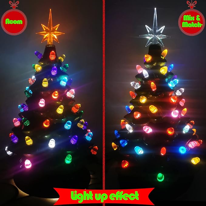 Ceramic Christmas Tree Replacement Lights Bulbs/130Pcs Medium Tree Pegs Accessories Including Mushroom/Acorn/Pineapple & 4 Pcs Toppers Stars (Pentagram and Heptagram)