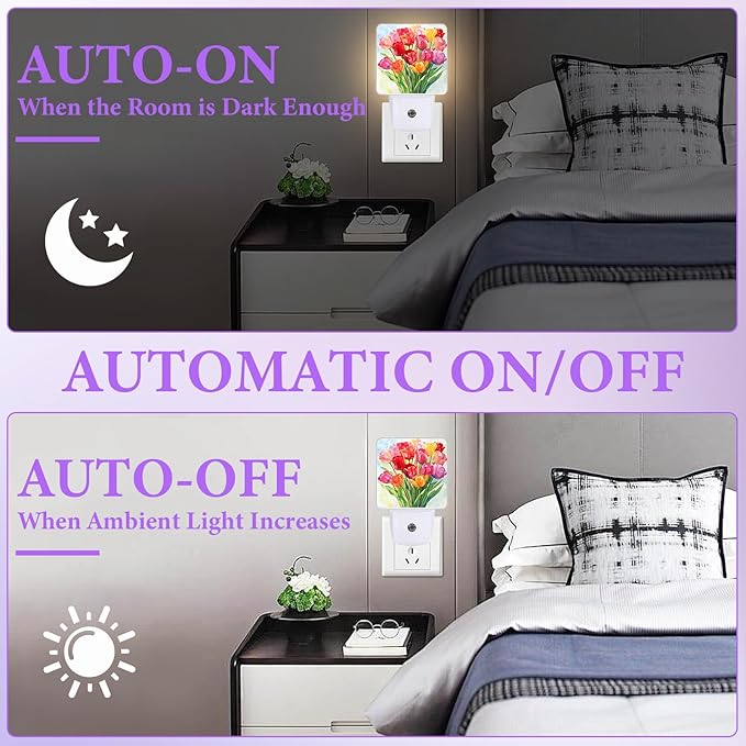 Vintage Tulips Night Light,Plug-in Night Lights with Dusk-to-Dawn Sensor for Bedroom,Bathroom and Living Room Sleep Friendly lamp 0.5w