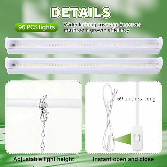 Meonum Mushroom Growing Light Stand, LED Mushroom Grow Light Dual Spectrum 6000K 5000K, 2ft White Blue Grow Lamp, for 10-50 Most Quart Monotub, Easy Assembly, Energy Efficient, Optimal for Cultivation