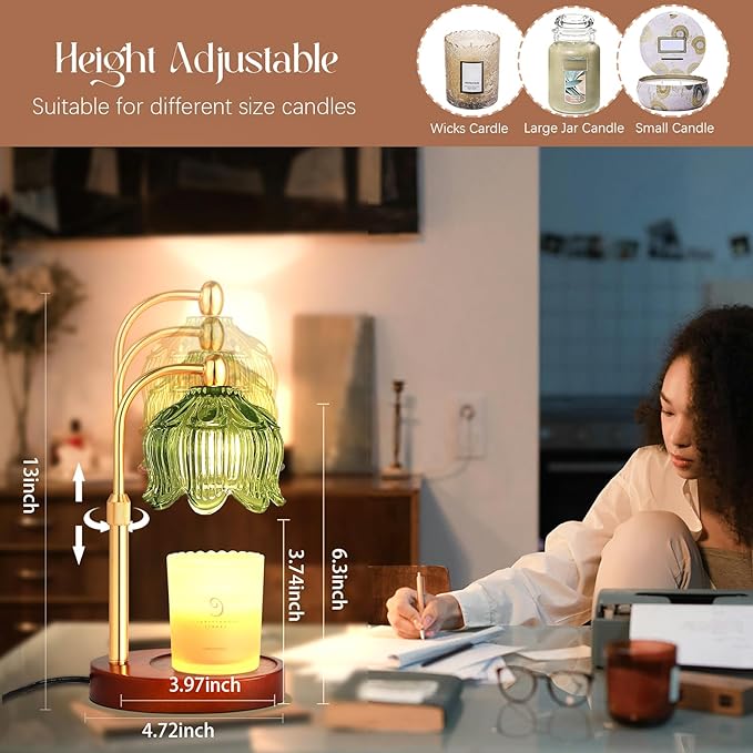 Adjustable Flower Candle Warmer Lamp with Timer, Lotus Tulip Glass Warmer Light for Jar Candles, Electric Wax Warming Melter, Gifts for Women Mom, Vintage Bedroom Decor (Green)