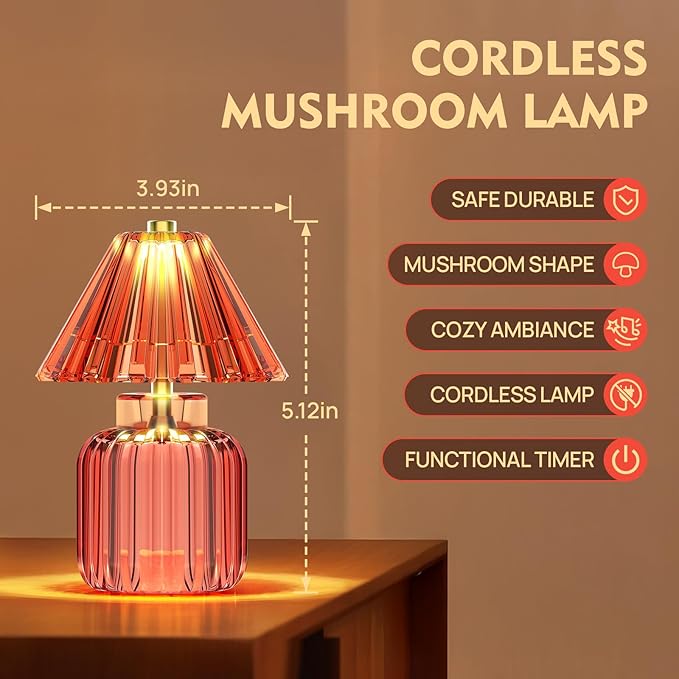 Small Battery Operated Lamp with Timer, Tiny Cordless Glass Table Lamp for Home Decor, Kitchen, Bathroom, Birthday Gift for Women, Jelly Red
