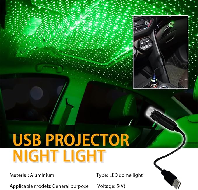 USB Projector Night Light, Highlighted Car Roof Light, Auto Interior LED Romantic Atmosphere Light, Adjustable Night Lamp for Bedroom Party, Universal Decor Car Accessories (Green)