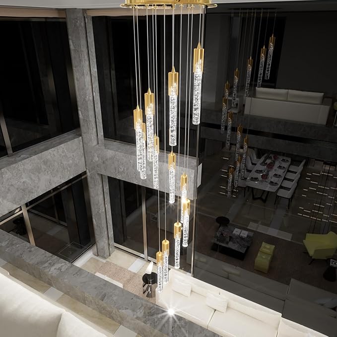 Flashing God Modern Crystal Chandelier Dimmable LED Gold Ceiling Light Crystal Bubble Pendant Lights High Ceiling Chandelier for Living Room Lobby Staircase Chandeliers