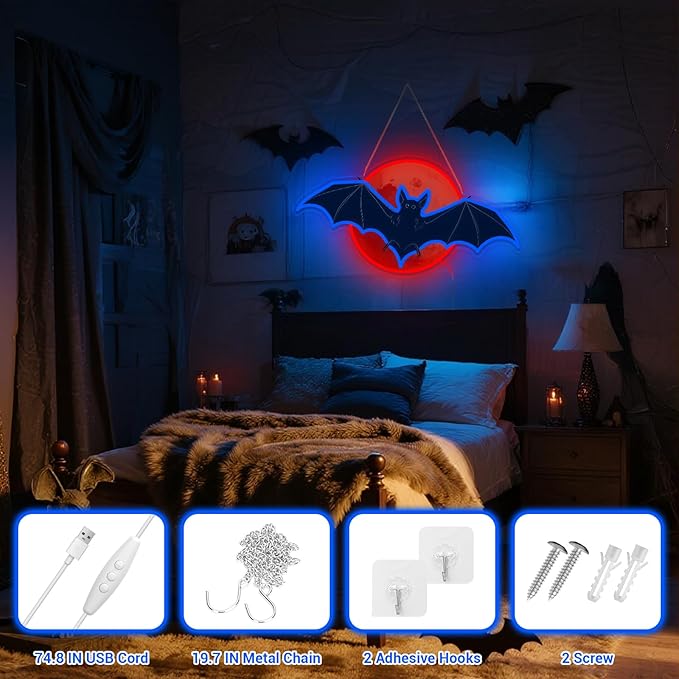 Bat Moon Halloween Window Lights Neon Signs for Indoor Wall Decor, Halloween LED Neon Light Decoration Sign for Party Doors Window (Moon Bat)