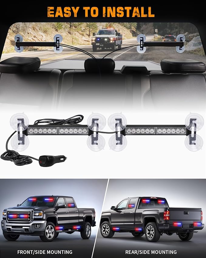 XRIDONSEN 2x 10.7 inch Red Blue Police Lights 24 LED Emergency Strobe Lights Warning Flashing Safety Side Window Front/Rear Windshield Light Grill Surface Mount for Law Enforcement Vehicles Trucks Car