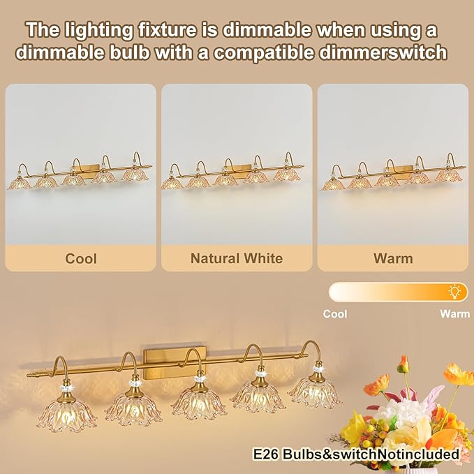 Vintage Bathroom Vanity Light, 5-Light Matte Brass Finish Vanity Light with Floral Amber Glass Shades, Retro Wall Mount Lighting for Bathroom, Living Room