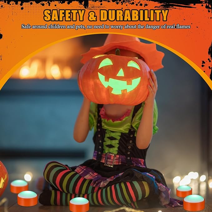 Riakrum 6 Pieces Remote Timer LED Lights with Remote LED Pumpkin Lights Battery Operated Lantern Bright Flameless Candle(Orang, Green Light)