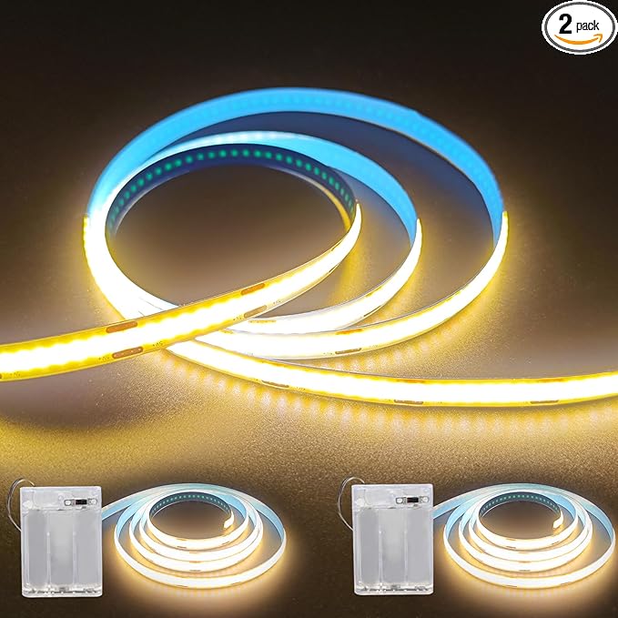 2Pack Battery Powered LED Strip Lights, 3.28FT COB LED Light Strip, Warm LED Strip Light for Under Cabinet, Closet, Shelves, Bedroom, DIY Lighting Battery LED Strip Lights