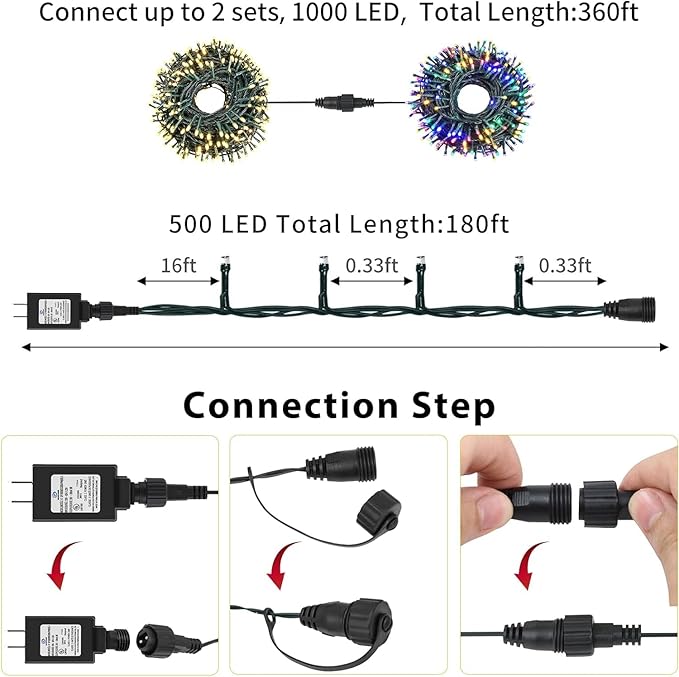 QUWIN Outdoor Christmas String Lights, 180Ft 500 LED UL Certified 11 Lighting Modes, Indoor & Outside Christmas Tree Lights for Christmas Tree, Patio, Holidays, Party ﻿