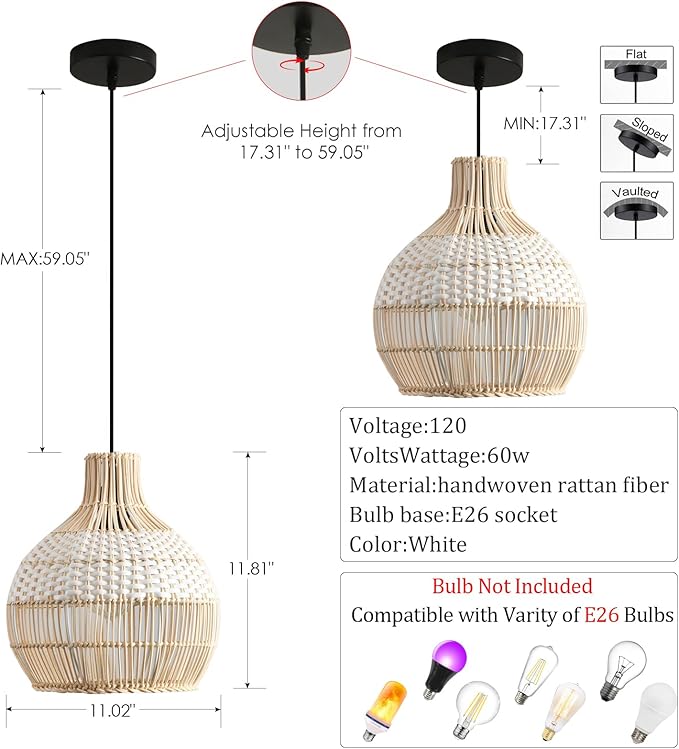 3 Pack Rattan Pendant Light Fixture Mini Hand-Woven White Rattan Chandelie,11Inch Boho Wicker Hanging Lamp for Dining Living Bedroom Kitchen Farmhouse