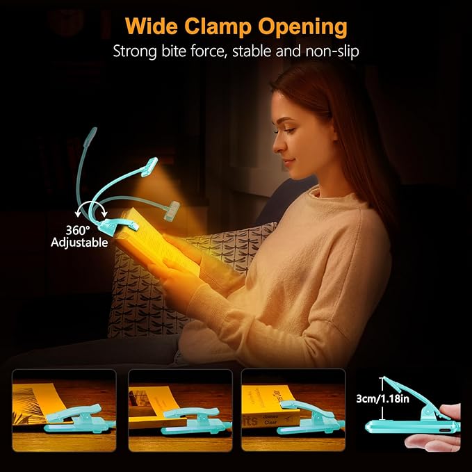 Gritin 19 LED Rechargeable Book Light for Reading in Bed with Memory Function- Eye Caring 3 Color Temperatures,Stepless Dimming Brightness,90 Hrs Runtime Clip on Light for Book Lovers-Blue