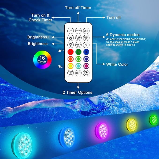 Rechargeable Submersible Pool Lights with Remote - IP68 Waterproof Underwater Led Lights,16 Color Changing Multicolor Floating Pool Lights with Magnets and Suction Cups for Pond Hot Tub Party