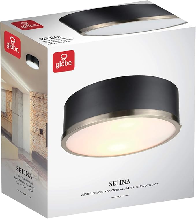 GLOBE Electric 60309 2-Light Flush Mount Ceiling Light, Matte Black, Antique Brass Accents, Frosted Glass Shade, Bedroom Lighting Fixtures Ceiling, Dining Room Fixture, Lighting for Hallway