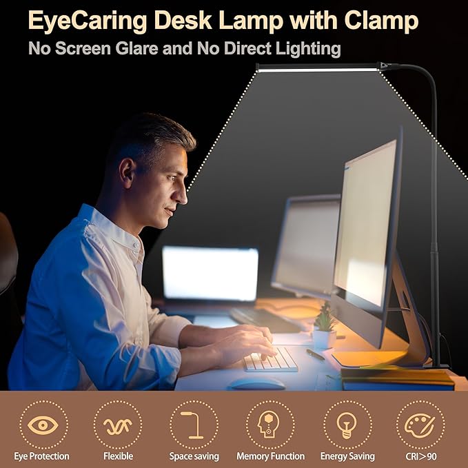 Led Desk Lamp for Home Office, Eye-Caring Desk Light with Clamp, Clip on Light for Reading, 3 Modes 10 Brightness, Flexible Goose-Neck, Memory Function, Study, Work, Draw, Black