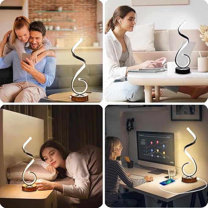 Modern Spiral LED Table Lamp Set of 2, 10W Touch Control Table Lamp with USB Charging Ports, Dimmable 3 Color Modes Bedside Nightstand Desk Lamp Light for Bedroom, Living Room, Office -Silver