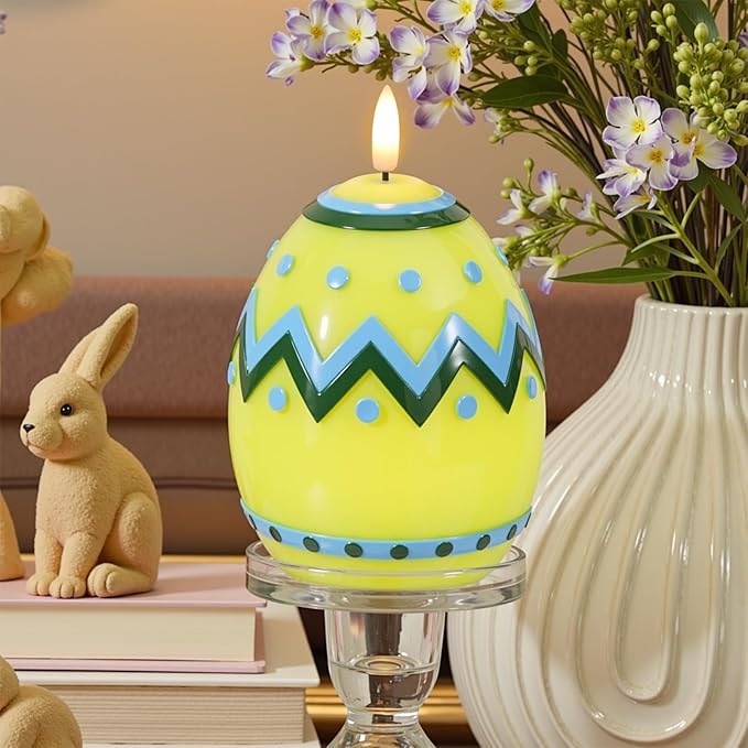 Eldnacele Easter Flameless Candles with 6H Timer, Battery Operated Egg Shaped 3D Wick Flickering Candle Real Wax Yellow LED Candles for Easter Party Spring Dinner Decor(2.4"×6.3")