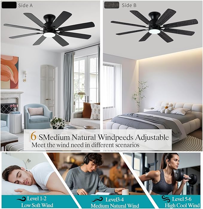 KNUN 52 Inch Ceiling Fan with Light,Low profile Ceiling Fans with Remote Control or App Control, 8 Blades, Noiseless, DC Motor, Flush Mount Ceiling Fan for Bedroom,Living Room, Indoor/Outdoor Black