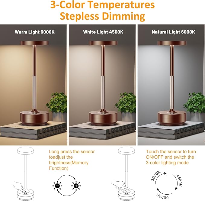 SAKRINGT Rechargeable Cordless Table Lamp - Battery Operated LED Portable Table Light with 3 Color Stepless Dimming, Memory Function - IP54 Waterproof for Outdoor, Restaurant, Patio, Camping