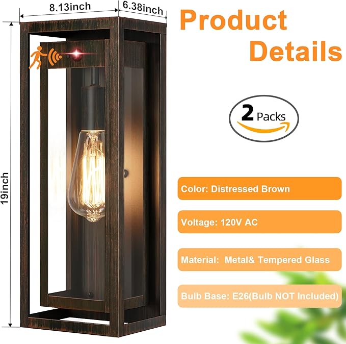 15" Motion Sensor Classic Outdoor Light Fixture Wall Mount, 3 Lighting Modes Waterproof Anti-Rust Wall Sconces, 2 Pack Exterior Lighting Fixtures for Front Door, Porch, Garage