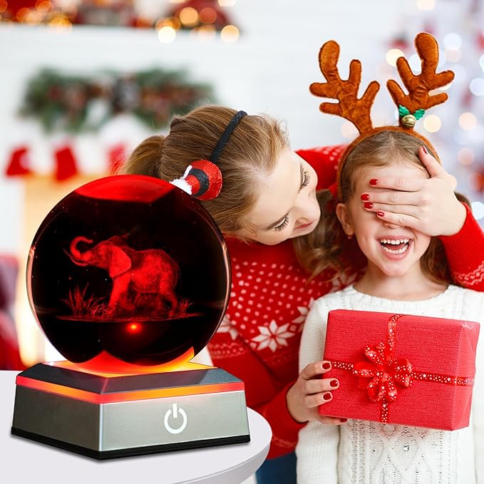 3D Elephant Crystal Ball Night Light 3.15 inch Glass Ball Table Lamp with Color Changing Touch Base Decor Ideal Elephant Gifts for Women Men Kids Christmas Birthday