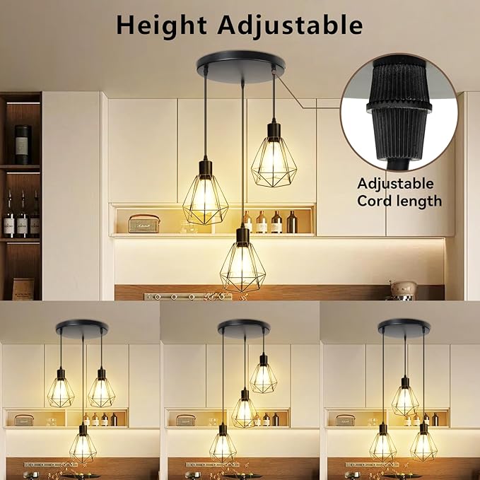 3-Light Pendant Light Fixtures, Adjustable Farmhouse Hanging Light Fixtures with E26 Base, Industrial Vintage Ceiling Lamp for Kitchen Island, Dining Room & Hallway