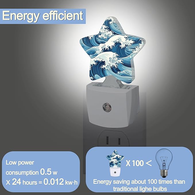 Japanese Sea Waves Nightlight,The Great Wave Star Night Lights Plug into Wall Decorations for Bedroom Bathroom,Dusk to Dawn Sensor Kitchen Hallway Stairs Energy Efficient Desk Lamp